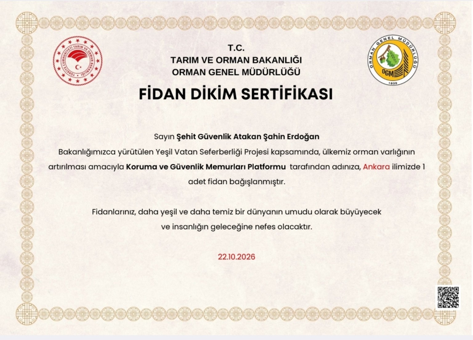 Atakan Şahin Erdoğan’ın hatırasına bir fidan, ülkemize bir nefes — orijinal kapak