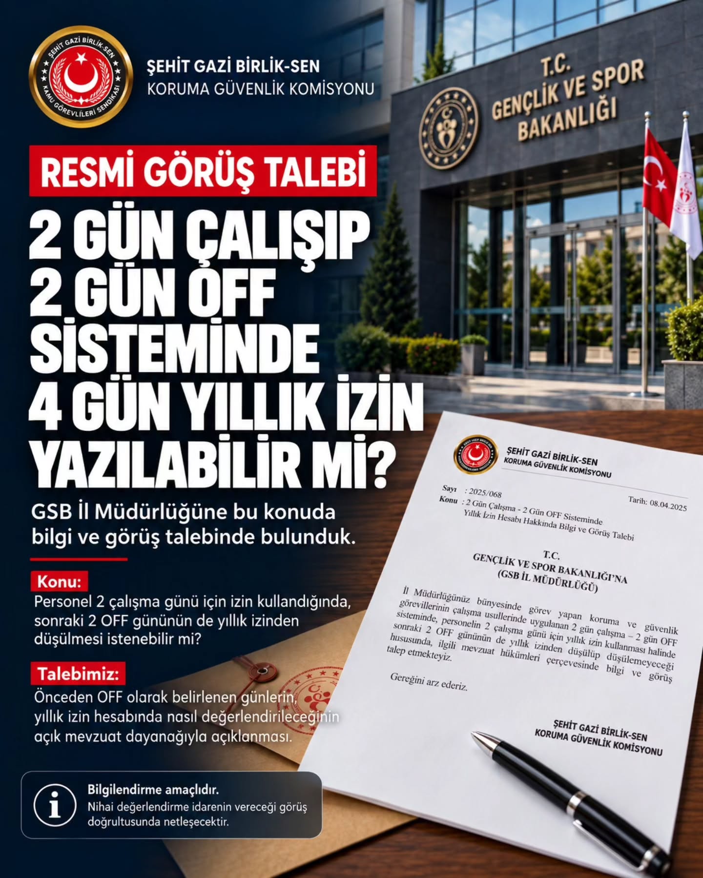 GSB İl Müdürlüğüne yıllık izin ve OFF günleri hakkında resmî görüş talebi duyurusu