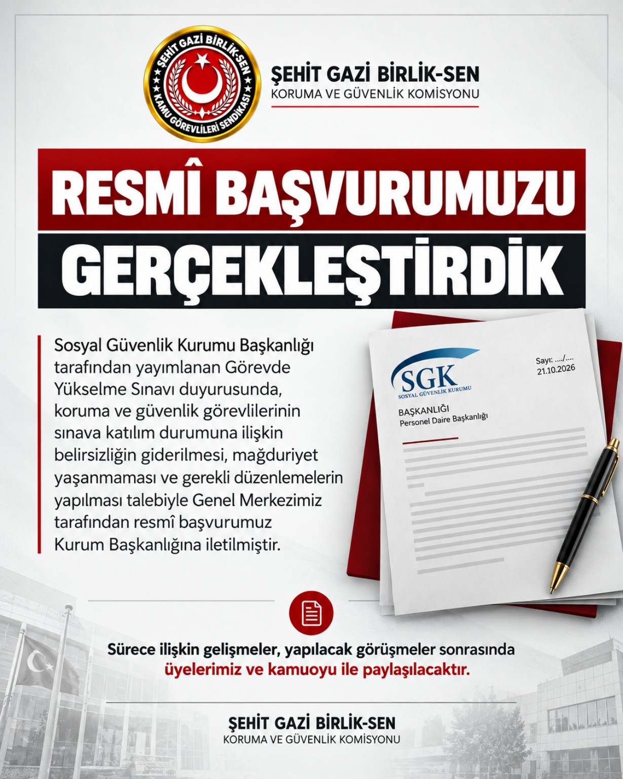 Şehit Gazi Birlik-Sen Koruma ve Güvenlik Komisyonunun SGK görevde yükselme sınavı için resmî başvuru duyurusu; orijinal görsel